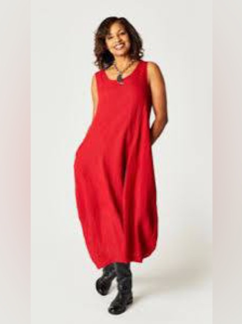 Made in Italy 100% Linen Lagenlook Bubble Hem Pocket Dress Red One Size